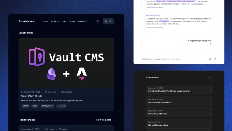 Astro Modular preview, showing different theme and layout options.